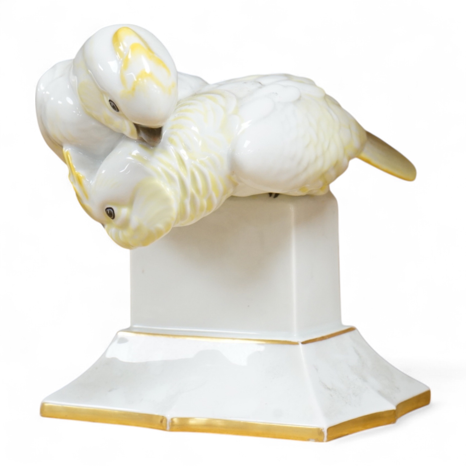 A Lorenz Hutschenreuther porcelain figure group of two cockatoos, stamped to the base, 19cm high